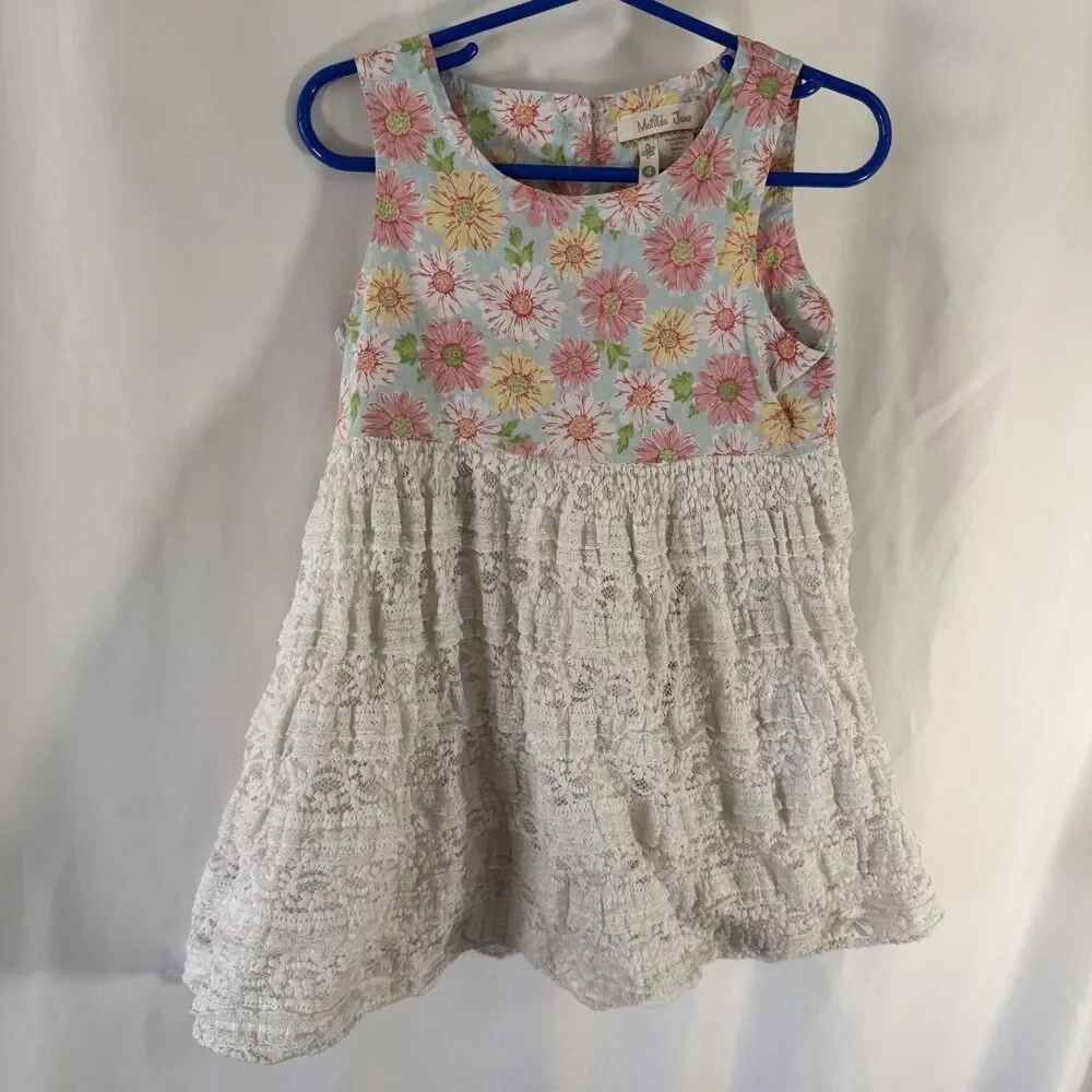 Matilda Jane Dress Girls 4 Blue Pink Floral Lace Sleeveless Pullover